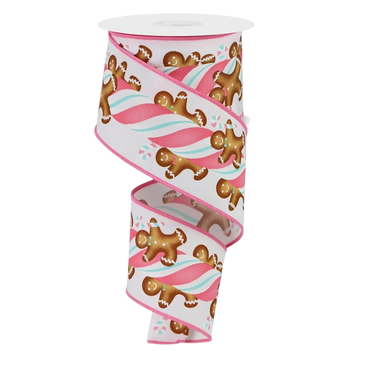 RG Ribbon 2.5" Pastel Gingerbread Cookies and Peppermint Candy Swirl Wired Ribbon, 10 Yards for Christmas Bows, Wreaths, and Decorations - White, Pink, Light Blue